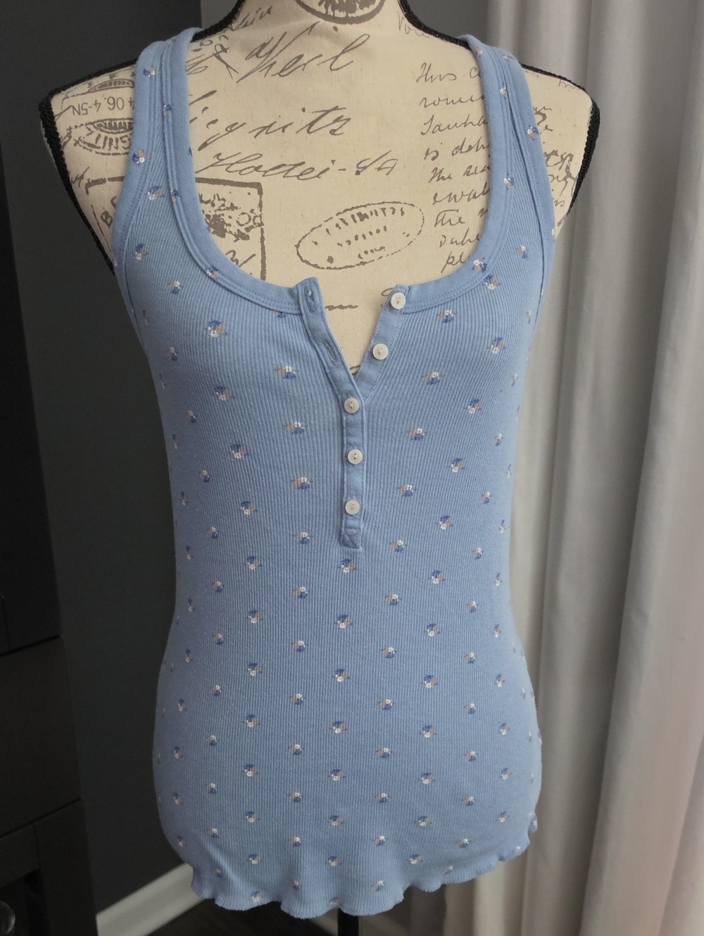 aerie Light Blue Ribbed Floral Henley Tank